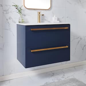 30 in.W X 18 in.D x 24 in.H Floating Bathroom Vanity in Blue with White Ceramic Top with Single White Sink
