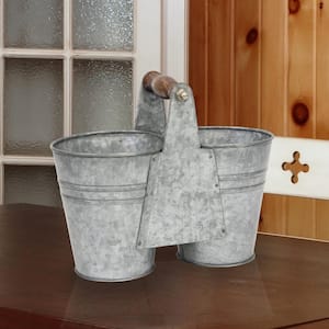 9 in x 7 in Antique Galvanized Double Bucket with Wood Handle
