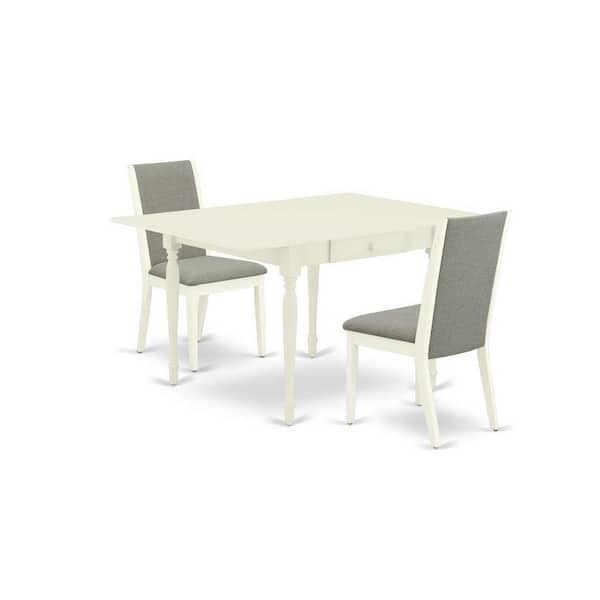 East West Furniture 3-Piece Linen White Finish Rectangular Solid Wood Top With Dropleaf Dining Table Set