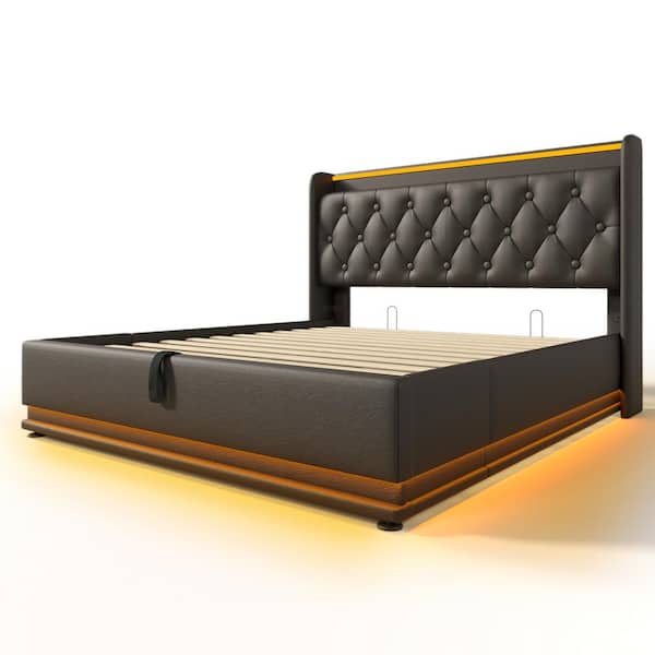Black Wood and Metal Frame Upholstered PU Queen Platform Bed with Hydraulic Storage, USB Charging and 360° LED Light