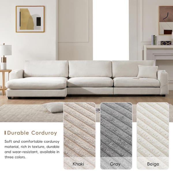 J&E Home 134 in. Square Arm 4-piece L Shaped Corduroy Modern Sectional Sofa in. Beige with Cup Holder, USB Charging Port