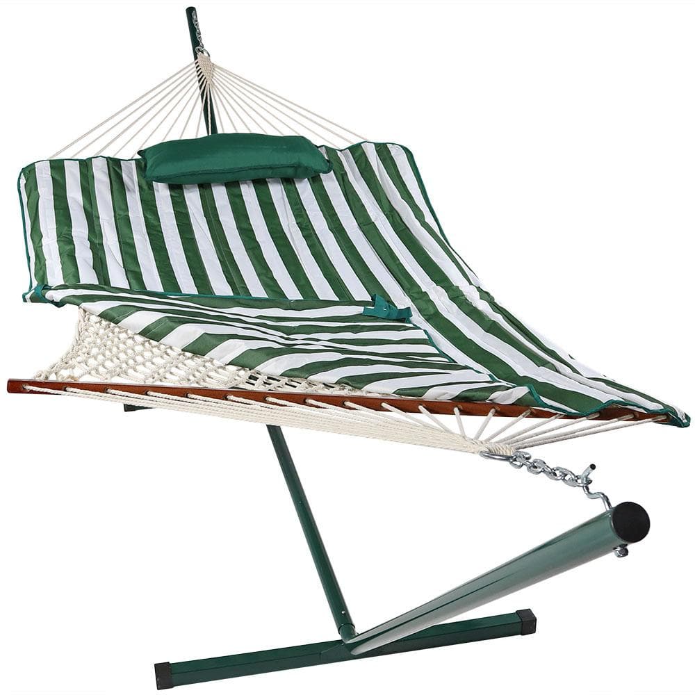 Sunnydaze Decor 12 ft. Rope Hammock Bed Combo with Stand, Pad and Pillow in  Green and White Stripe DL-GWRH-Combo The Home Depot