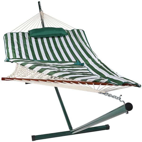 Sunnydaze 12 ft. Rope Hammock Bed Combo with Stand, Pad and Pillow in Green and White Stripe