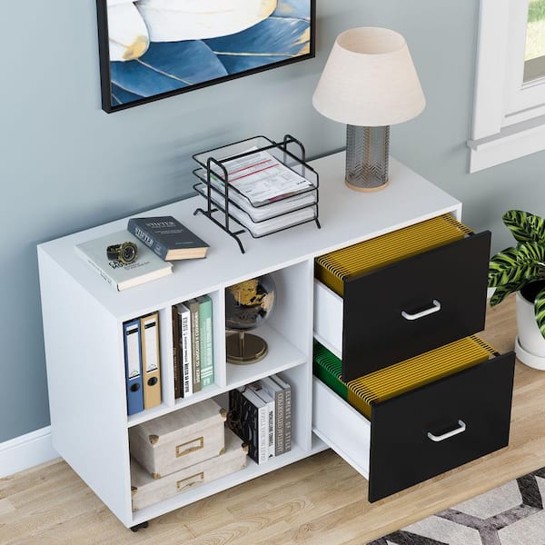 Vinsetto White Mobile Filing Cabinet Printer Stand with 2-Drawers, 3-Open Storage Shelves for Home Office Organization