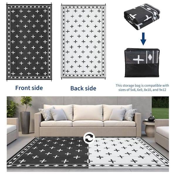 Black 8 ft. x 10 ft. Reversible Waterproof Outdoor Rug Plastic Straw Patio Carpet for Deck, Porch, Balcony Area Rug