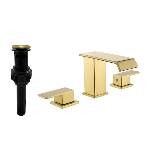 FORCLOVER Double Handle Waterfall Bathroom Faucet with 2.36 in. Wide Spout and Pop Up Drain kit in Brushed Gold