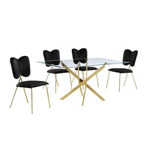 Olly 5-Piece Tempered Glass Top Gold Cross Legs Base Dining Set Black Velvet Fabric Chairs Set Seats 4