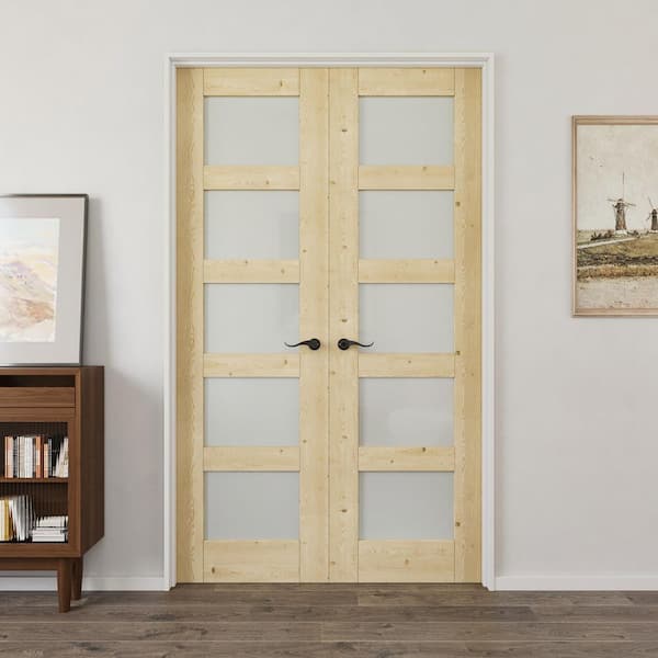 48 in. x 80 in. 5-Lite Frosted Glass Universal Solid Core Unfinished Pine Wood Double Prehung French Door+Separate Jamb