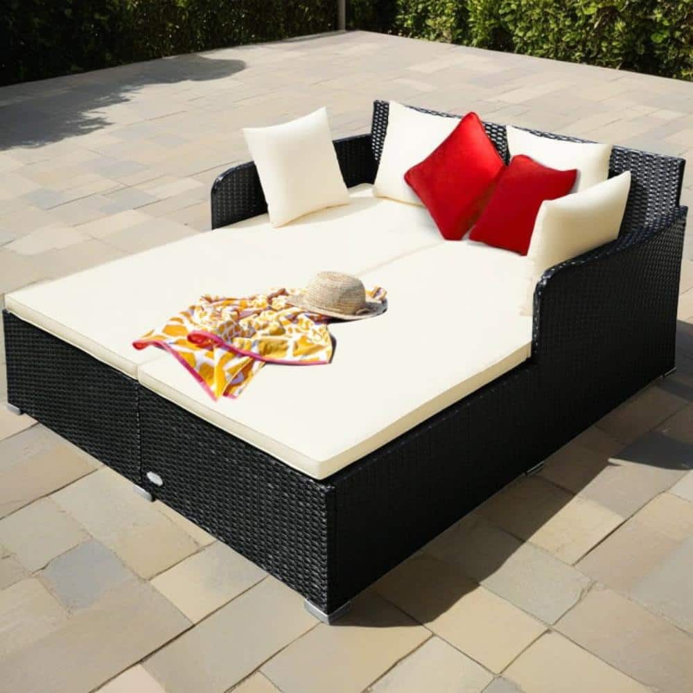 Beige Double Wicker Outdoor Daybed Chaise Lounge With Cushion, Patio Recliner