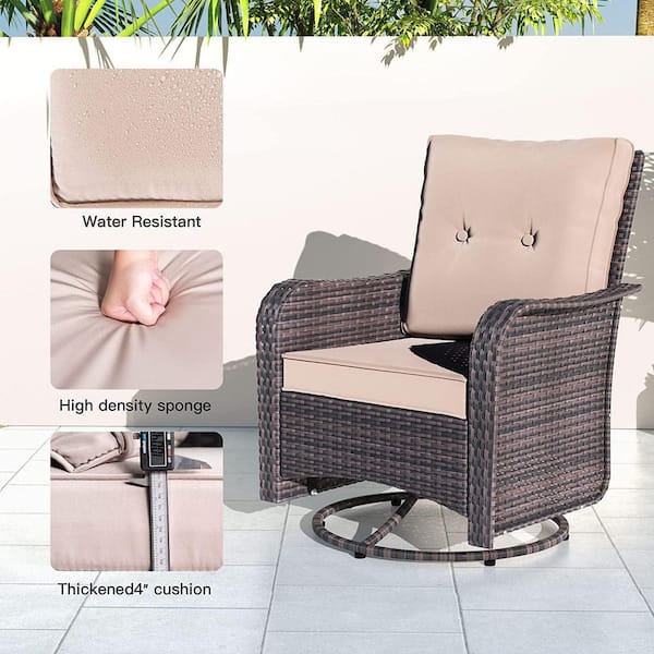 3-Piece Wicker Swivel Outdoor Rocking Chair with Cushion Sand