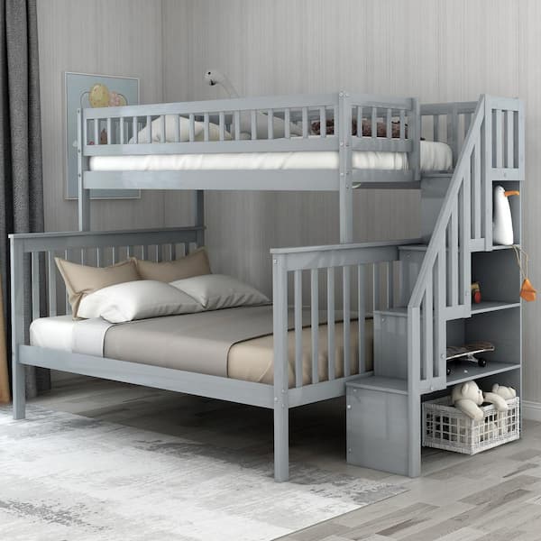 Harper & Bright Designs Gray Twin Over Full Stairway Bunk Bed with Storage and Stairs for Kids