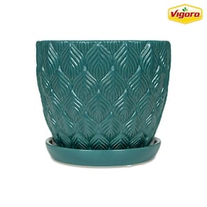 8 in. Colusa Small Teal Leaf Textured Ceramic Planter (8 in. D x 7.3 in. H) with Drainage Hole and Attached Saucer