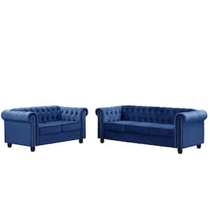 Velvet Couches for Living Room Sets Loveseat and Sofa 2-Pieces Top in Blue