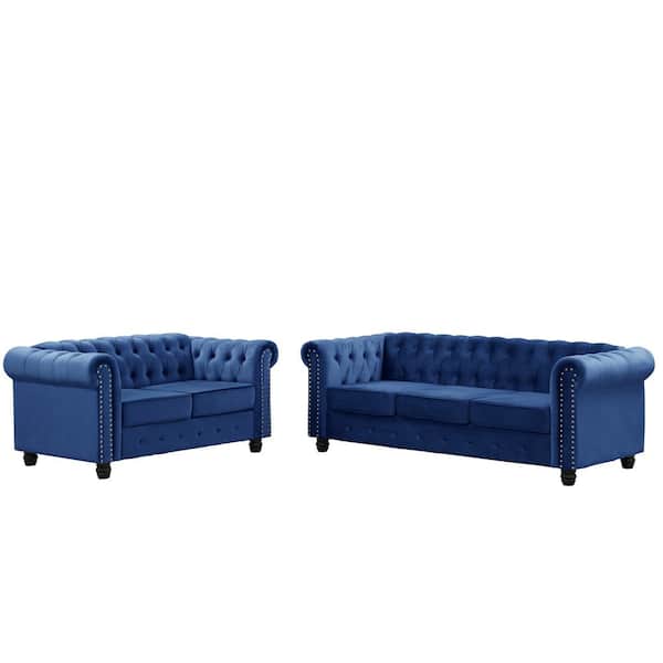Morden Fort Velvet Couches for Living Room Sets Loveseat and Sofa 2-Pieces Top in Blue