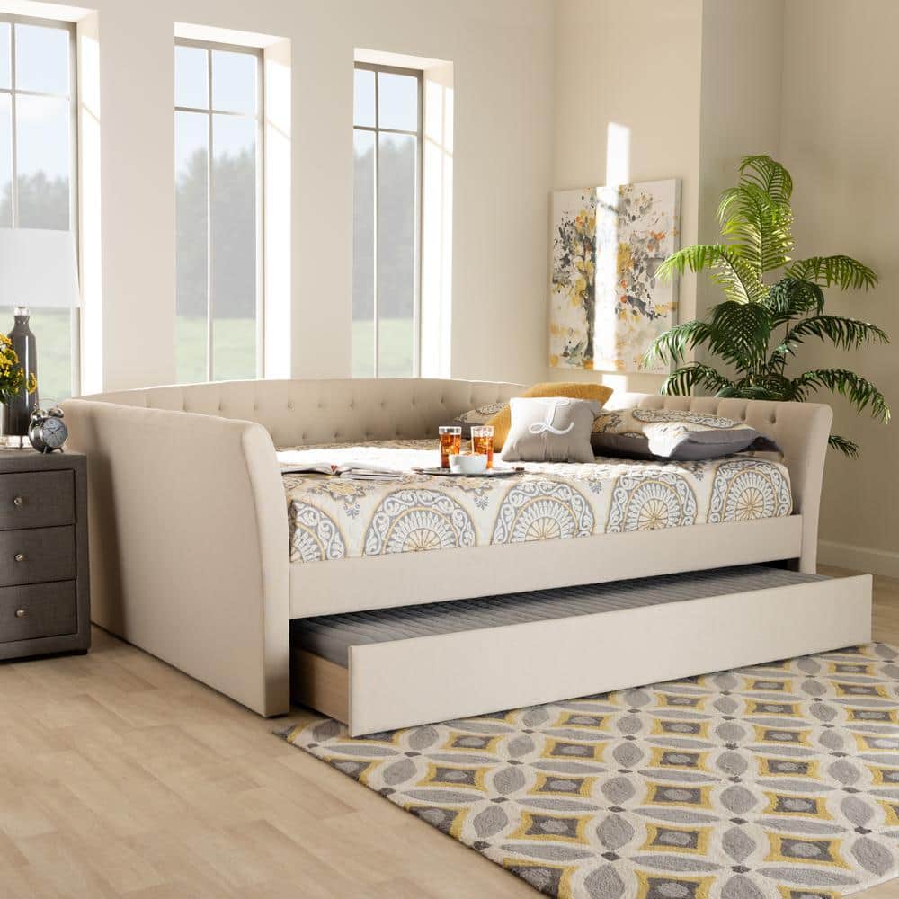 Beige Upholstered Full Daybed with Trundle and Tufted Design