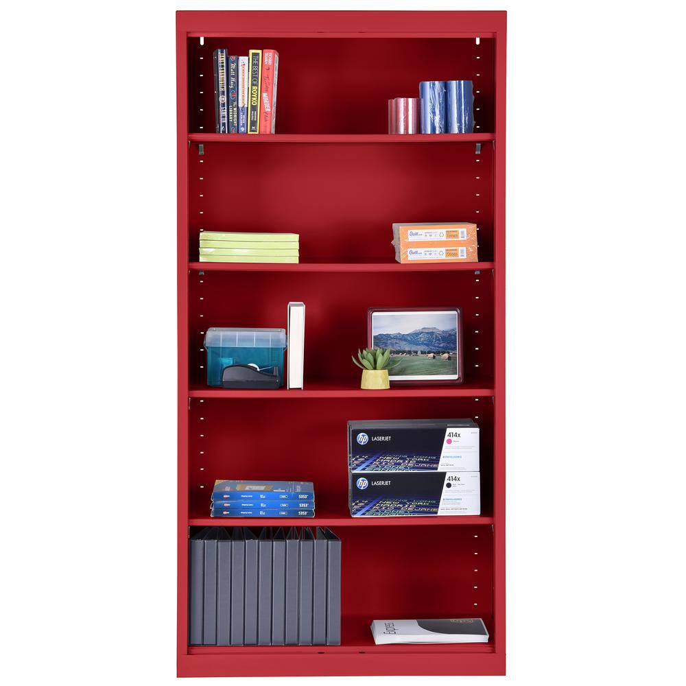 Red Powder Coat Steel 72" Adjustable 5-Shelf Bookcase