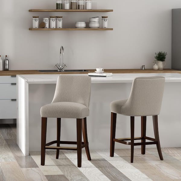 Manhattan Comfort Beever Modern 27.4 in. Taupe Wood Frame Counter Stool with Chenille Upholstered Seat (Set of 2)