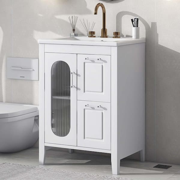 24 in. Single Sink White Bath Vanity with White Ceramic Top (Self Assembly Needed)