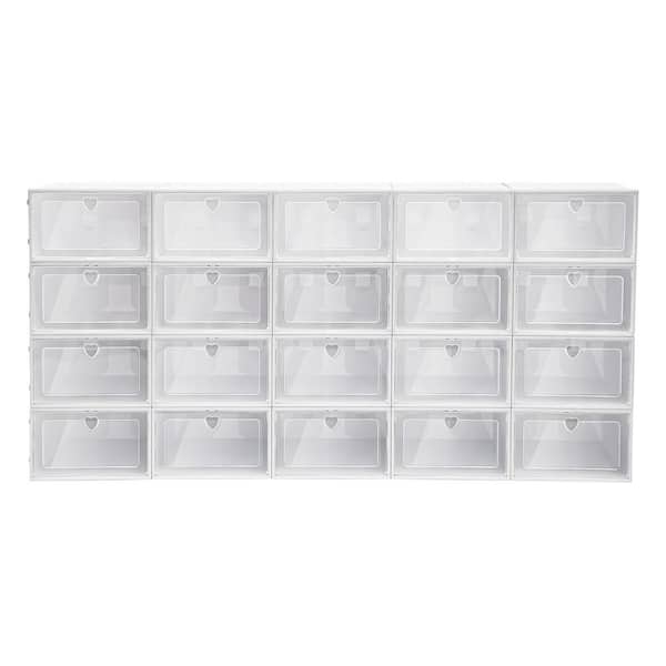 YIYIBYUS 20-Pair White Plastic Stackable Drop Front Shoe Boxes with Lid