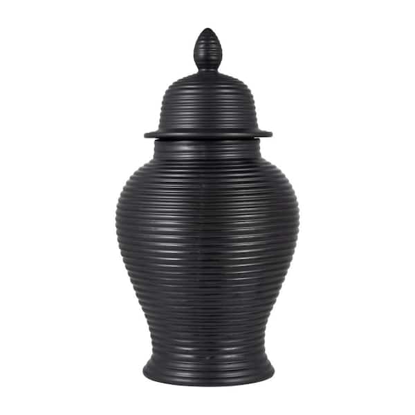 24 in. Black Ceramic Ribbed Temple Jar