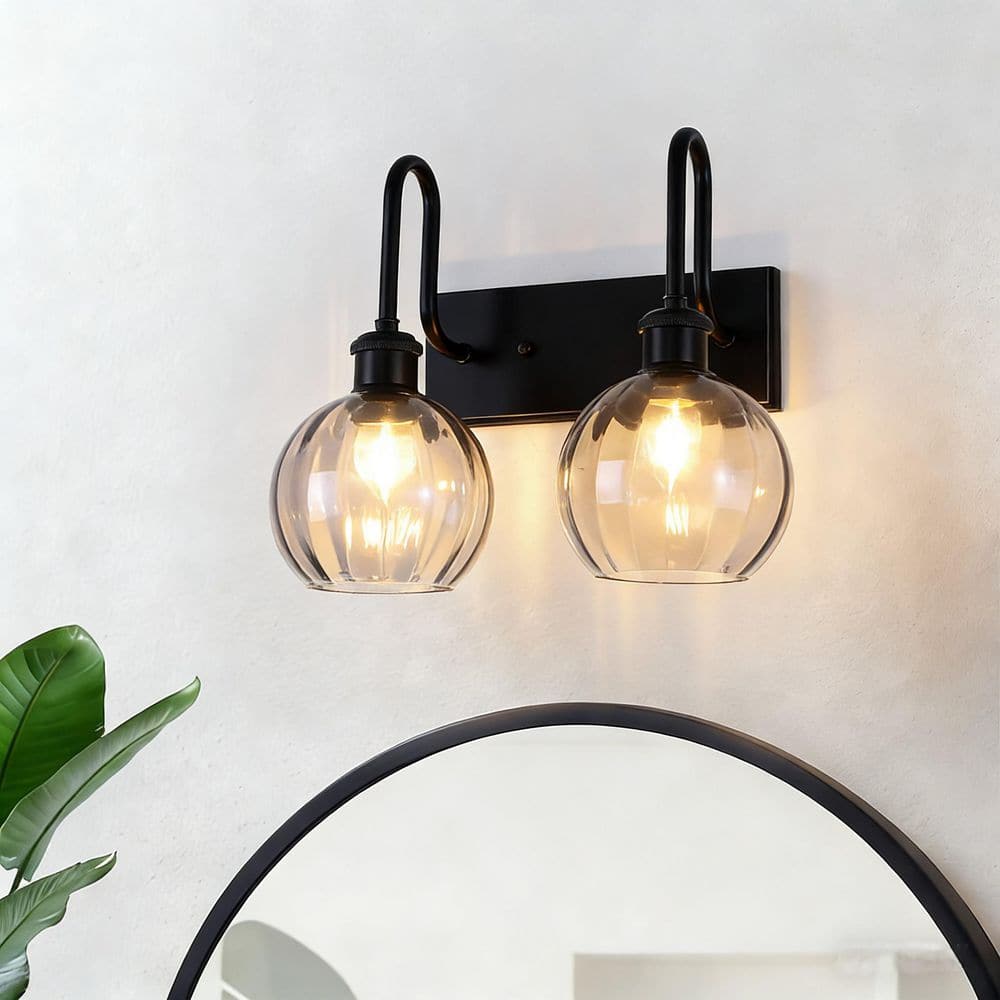 13.8 in. 2-light Matte Black Modern Vanity Light with Ribbed Glass Shade price history on PriceWatchPro