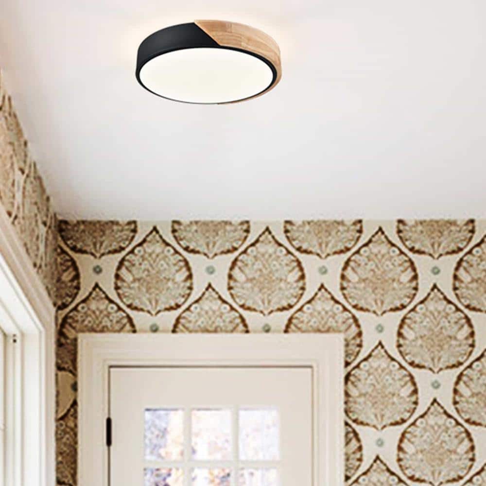 Black and Wood LED Drum Flush Mount Ceiling Light