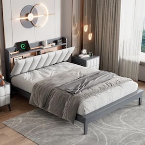 Gray Wood Frame Queen Size Platform Bed with USB Charging, White Upholstered Headboard with Shelf and Hidden Storage