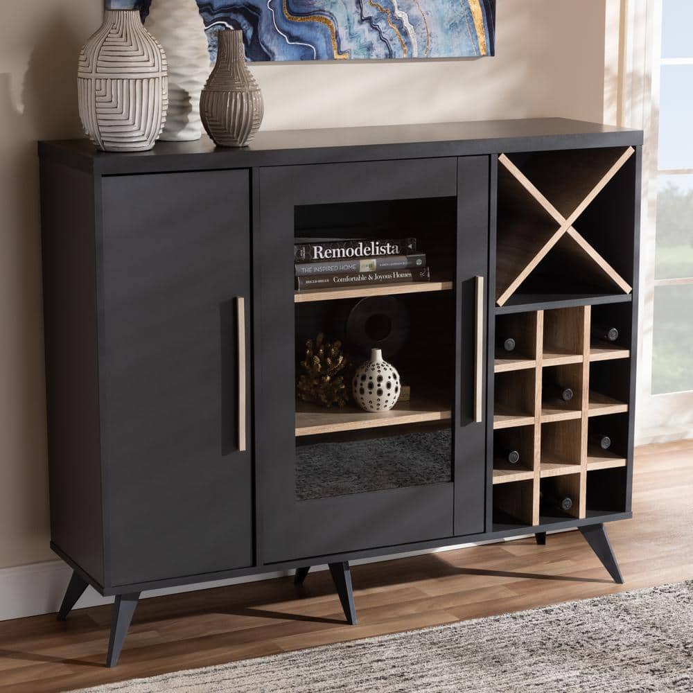 Pietro Mid-Century Dark Grey and Oak 24-Bottle Wine Cabinet