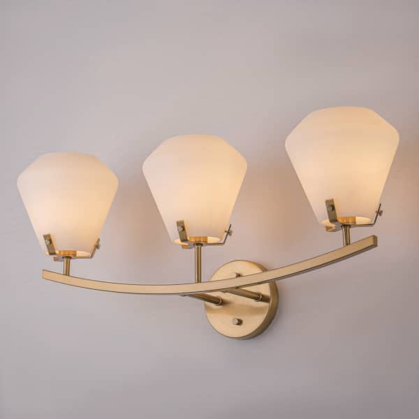 Lucie 24.8 in. 3-Light Mid-Century Modern Brass Bathroom Vanity Light with Etched White Opal Glass Shades