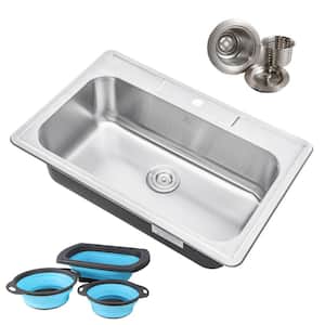 Topmount Drop-In 18-Gauge Stainless Steel 33 in. 1 Faucet Hole Single Bowl Kitchen Sink w/Collapsible Silicone Colanders
