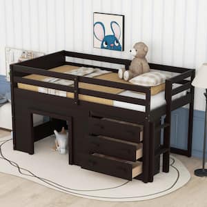 Modern Brown Twin Size Loft Bed with Cabinet and Shelf, Wood Loft Bed with 3-Drawer and Ladder for Kids, Boys, Girls