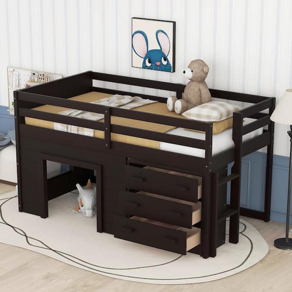 URTR Modern Brown Twin Size Loft Bed with Cabinet and Shelf, Wood Loft Bed with 3-Drawer and Ladder for Kids, Boys, Girls