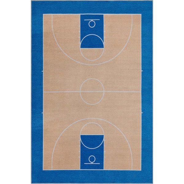 Apollo Basketball Modern Sports Tan Blue 5 ft. x 7 ft. Area Rug