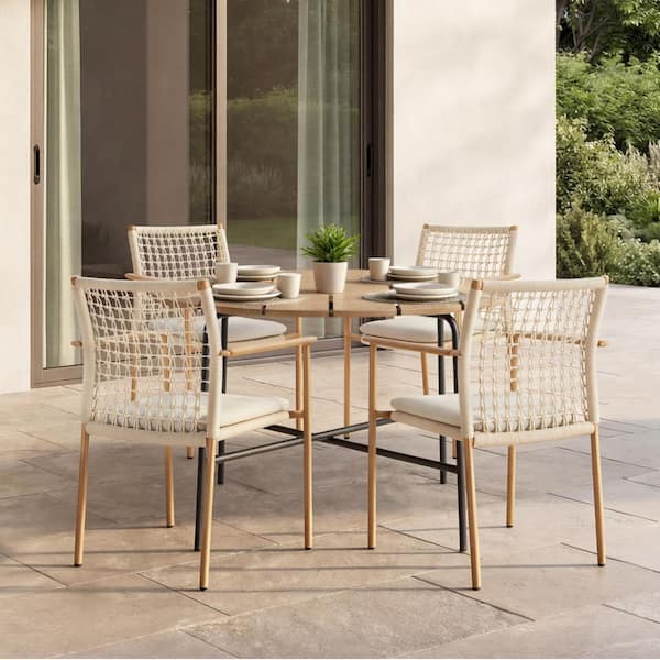 Brilo Cream Woven Rope and Wooden Armrests Aluminum Outdoor Dining Chair with Cushion, Breathable Back, (Set of 4)