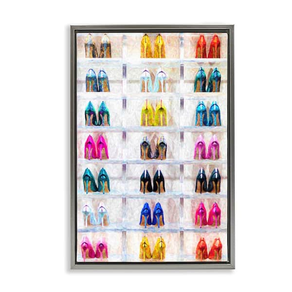Arranged High Heels by Graffi tee Studios Gray Floater Frame Abstract Graphic Art Print 25 in. x 17 in.