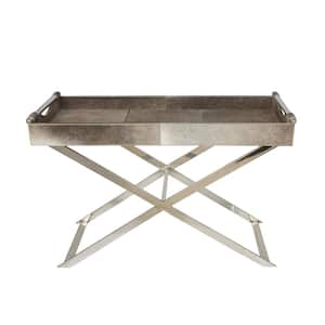 18 in. Gray Tray Table Extra Large Rectangle Leather End Table with Diagonal Silver Legs and Handles