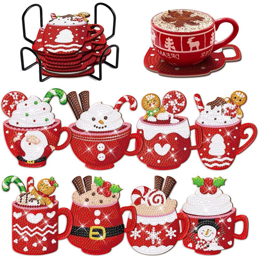8-Piece Red Series Christmas DIY Coasters Kit with Holder, Tree and Diamond Art Crafts for Beginners, Adults and Kids price history on PriceWatchPro