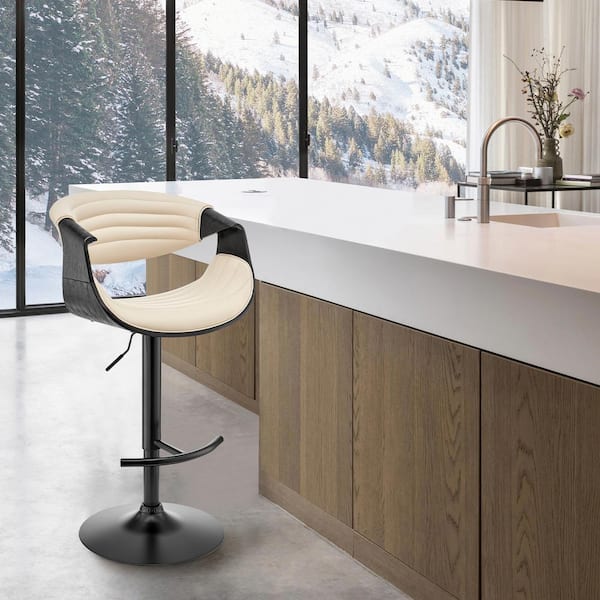 Armen Living Gionni Adjustable 25-33 in. Height Low Back Swivel Cream Faux Leather/Black Wood Bar Stool Black Base 45 in. Height