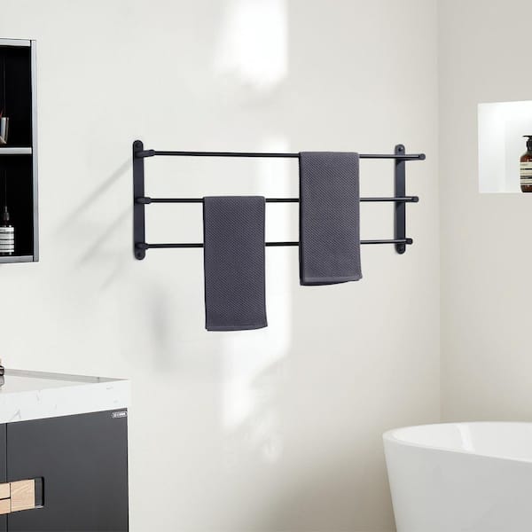 32 in. Stainless Steel Wall Mounted Towel Rack with 3-Bar Towel Holders in Matte Black
