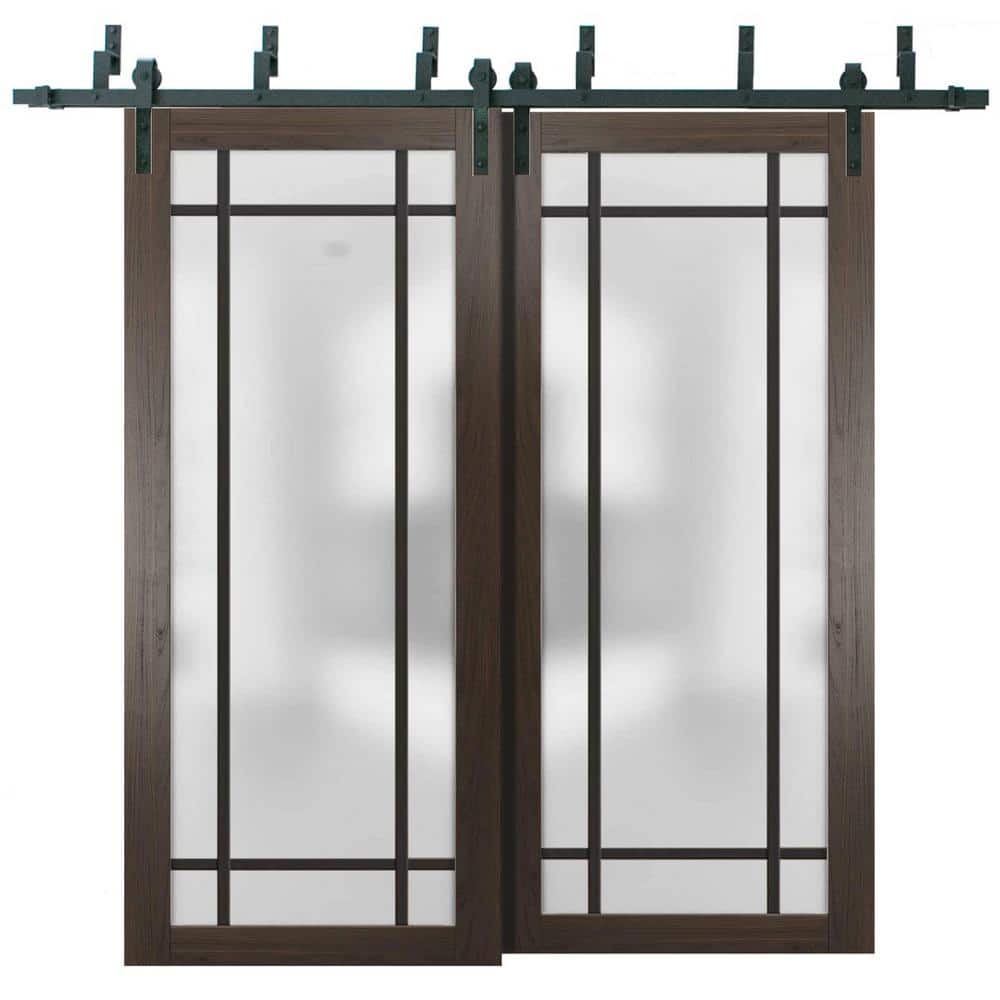 72 in. x 96 in. 2 Panel Frosted Glass Chocolate Ash Solid Wood Sliding Barn Door with Hardware Kit price history on PriceWatchPro