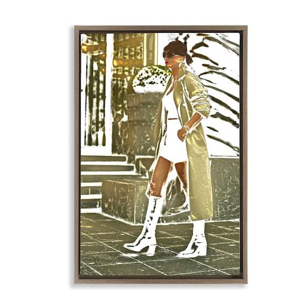 Stupell Industries Girl in Gold Trenchcoat by Graffi tee Studios Brown Floater Frame People Graphic Art Print 31 in. x 21 in.