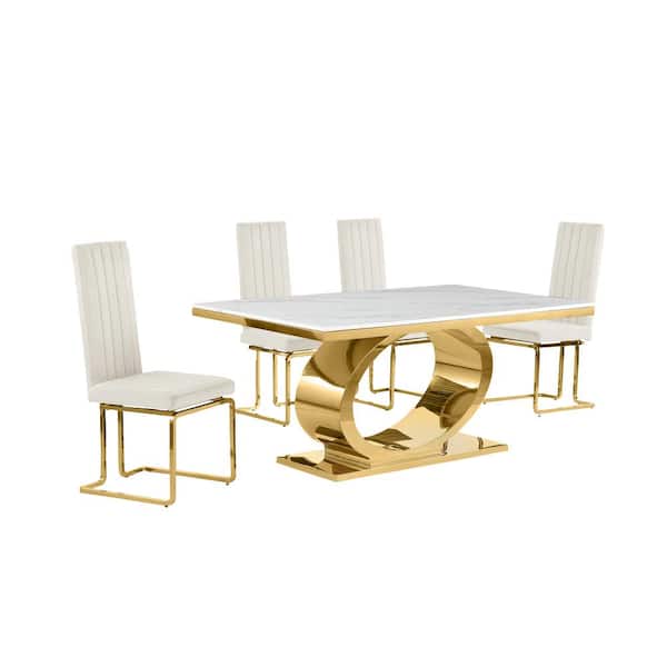 Best Quality Furniture Ibraim 5-Piece Rectangle White Marble Top Gold Stainless Steel Base Dining Set 4 Cream Velvet Chrome Iron Chair