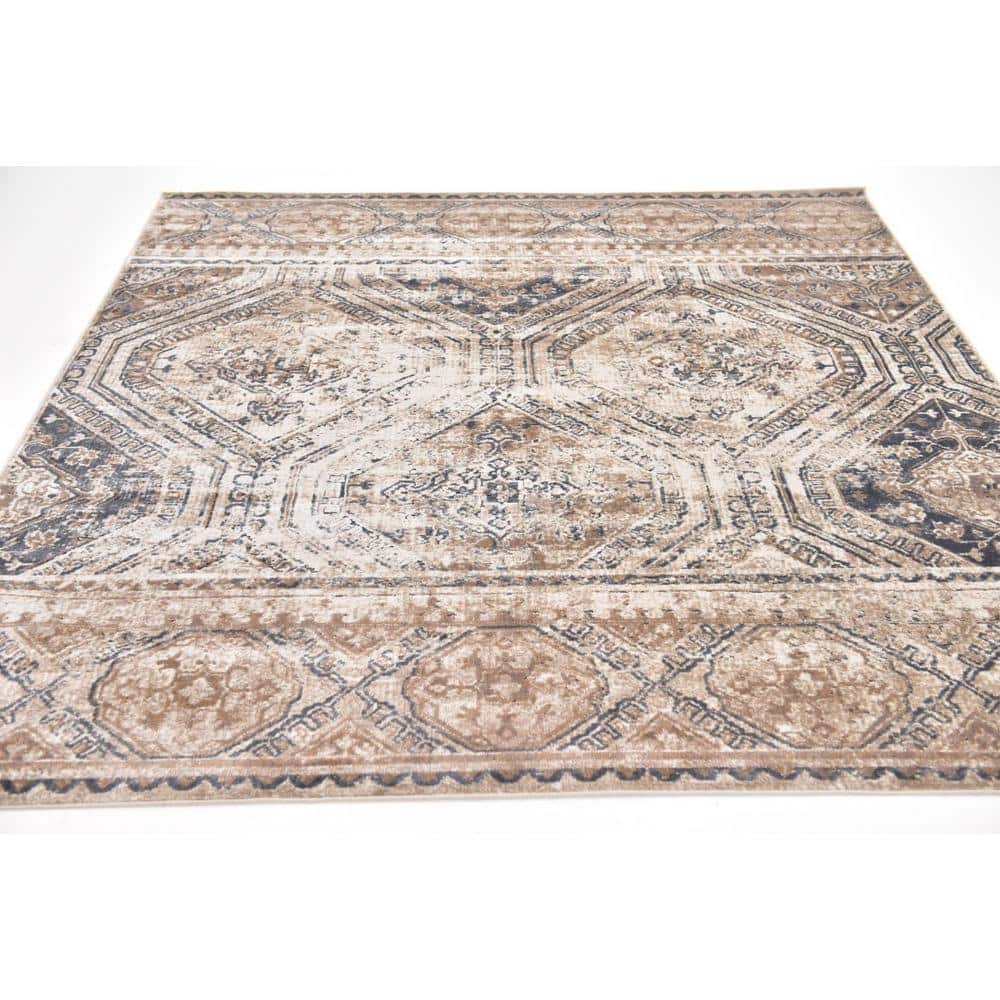 Eliza 7' Square Blue Beige Stain-Resistant Indoor Rug
