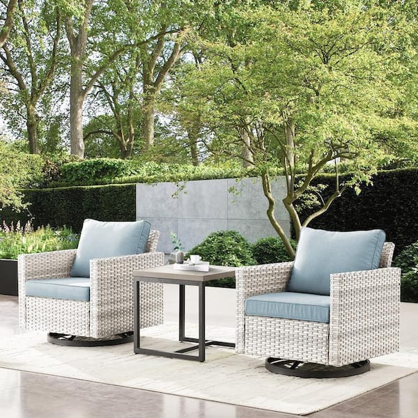 Pocassy 3-Piece LightBeige Wicker Patio Conversation Deep Seating Set with BabyBlue Cushions Rocking Chairs