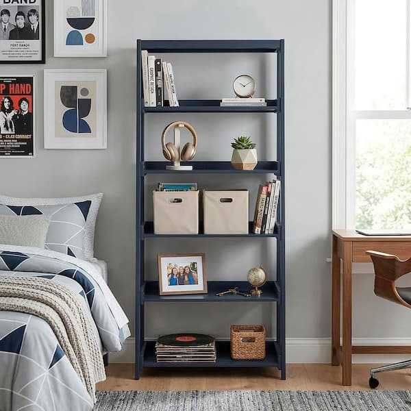 Lazzara Eliza 67 in. Tall Navy Blue Wood 5 Fixed Shelves Bookcase