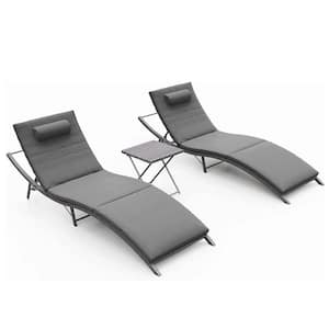 3-Piece Wicker Outdoor Adjustable Chaise Lounge with Cushion Black