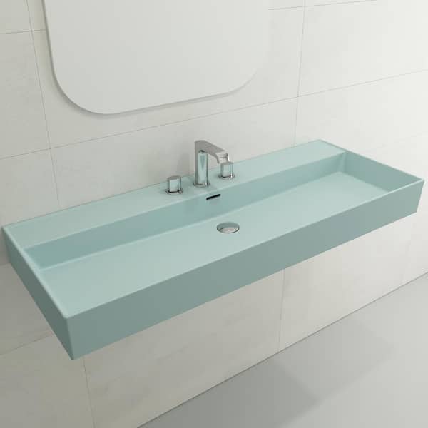 BOCCHI Milano Matte Ice Blue 47.75 in. 3-Hole Wall-Mounted Fireclay Rectangular Vessel Sink with Overflow