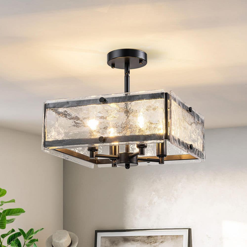 14.57 in. 4-Light Black Modern Transitional Textured Glass Semi-Flush Mount