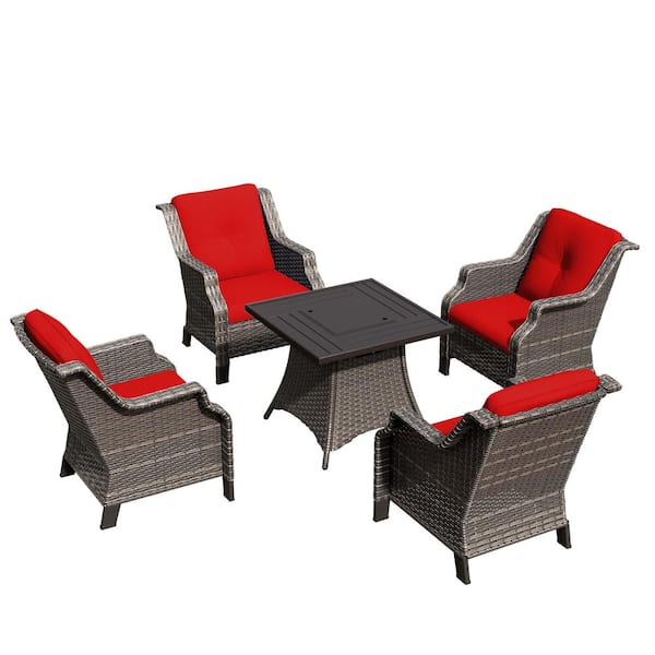 4 Seat 5-Piece Wicker Patio Set Conversation Set with Red Cushion, Fire Pit Table