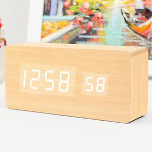 5.9 in. Bamboo Color LED Wooden Digital Alarm Clock Snooze Voice Control Timer Thermometer Display White